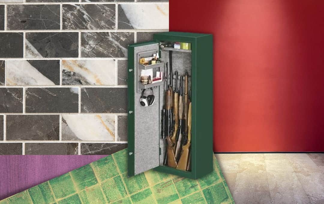 Gun safe with various materials in the background