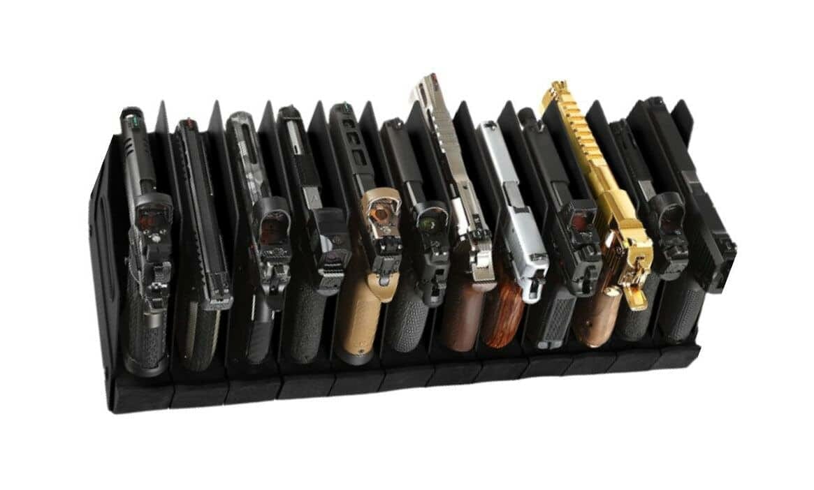 handguns sorted in racks